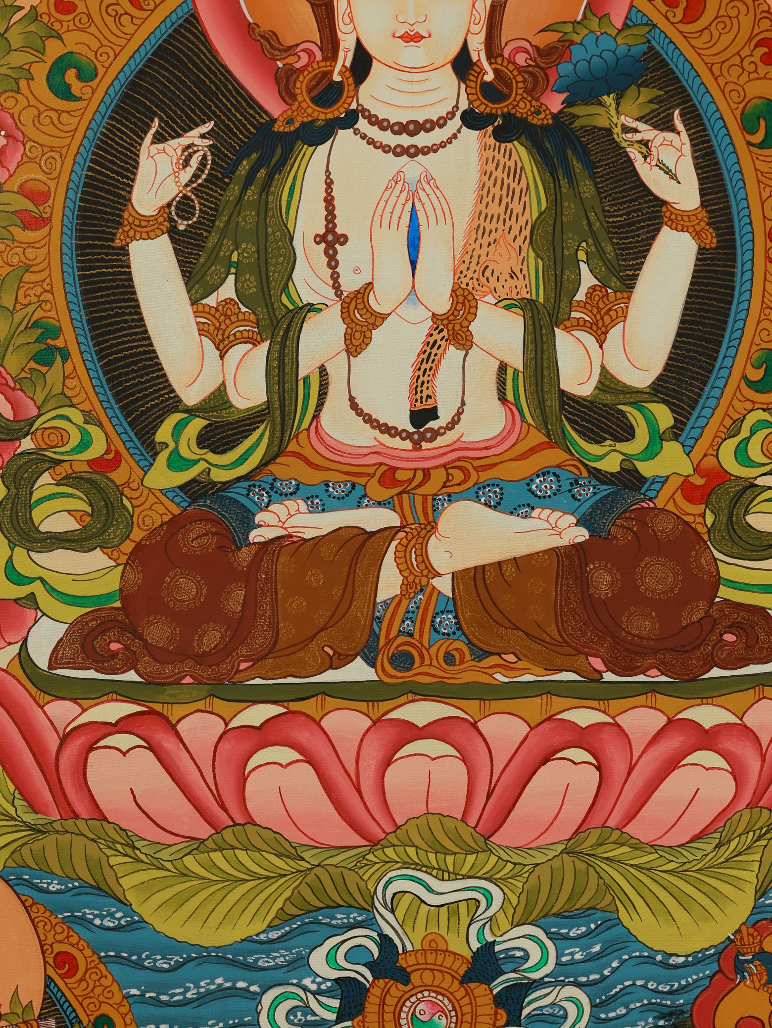 Detailed hand-painted four-armed Avalokiteshvara Thangka, depicting the central deity surrounded by protective deities.