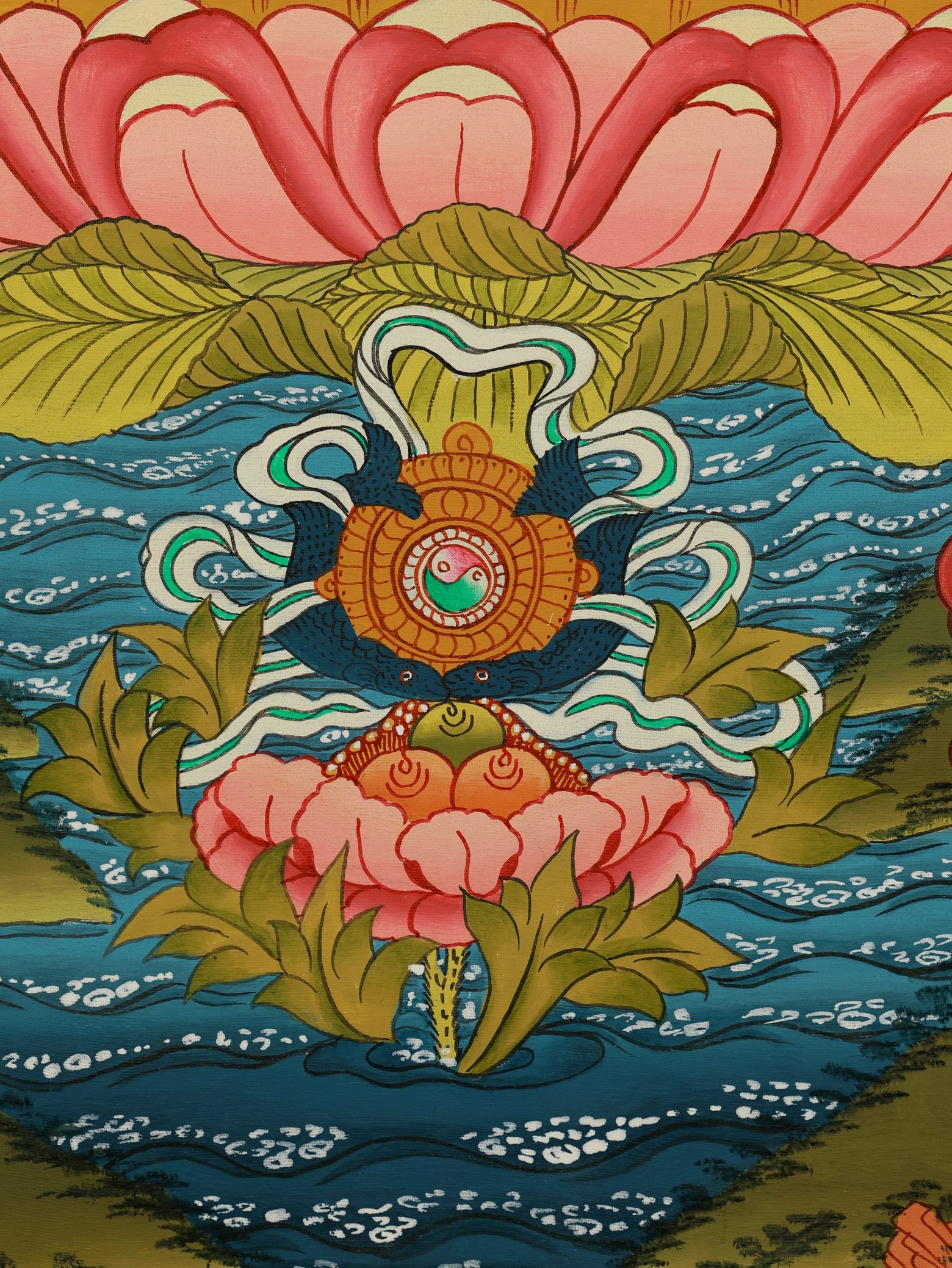 Hand-painted Tibetan Thangka depicting four-armed Avalokiteshvara, detailed gold line work and natural mineral pigments.