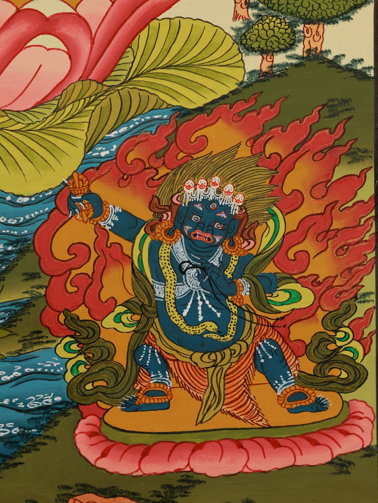 Artistic depiction of four-armed Avalokiteshvara Thangka, showcasing Tibetan Buddhist compassion and intricate Hotong painting craft
