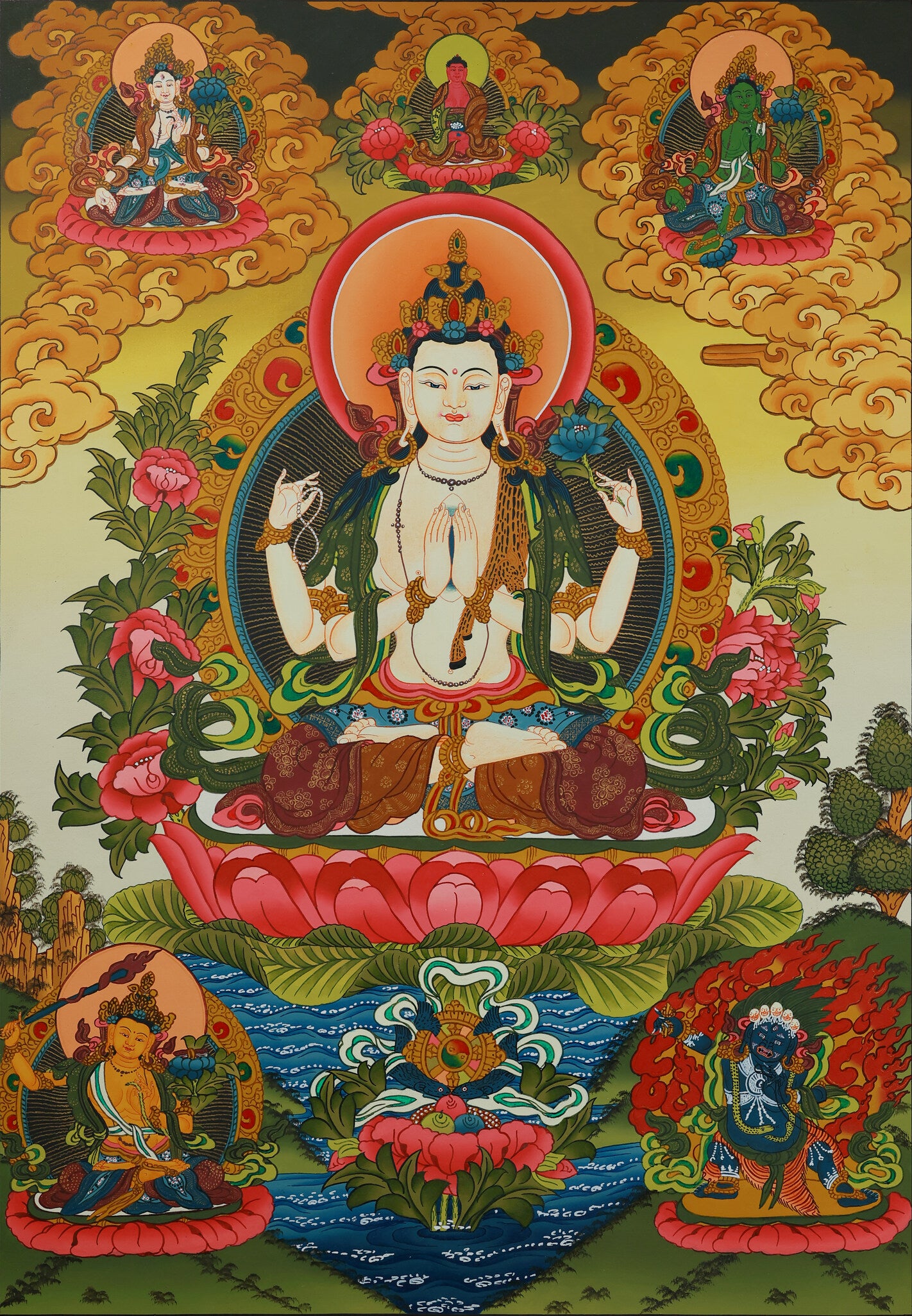 Hand-painted Tibetan Buddhist thangka depicting Four-Armed Avalokiteshvara, symbol of infinite compassion and mercy