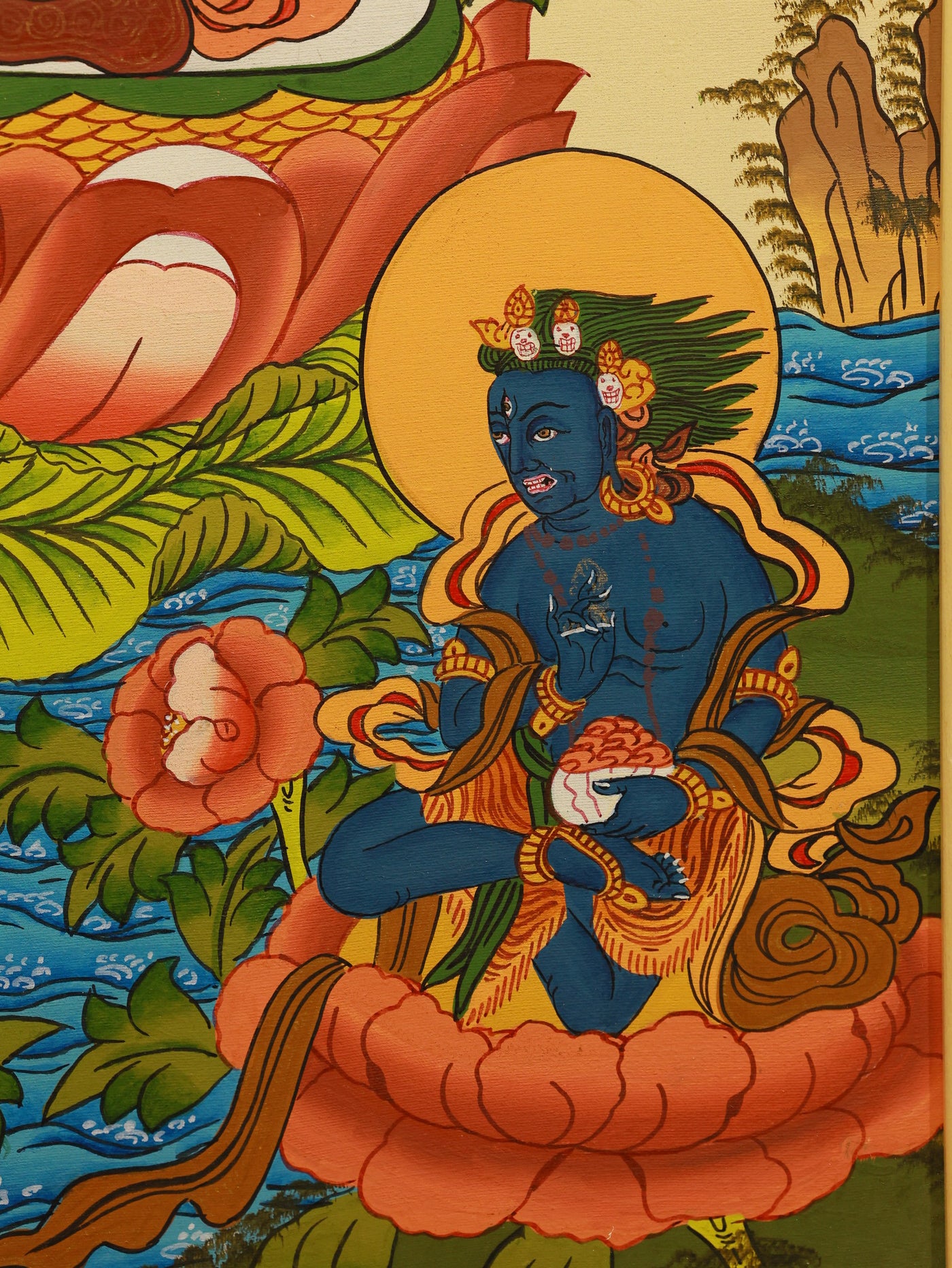 Traditional Tibetan color thangka painting of Four-Armed Chenrezig bodhisattva