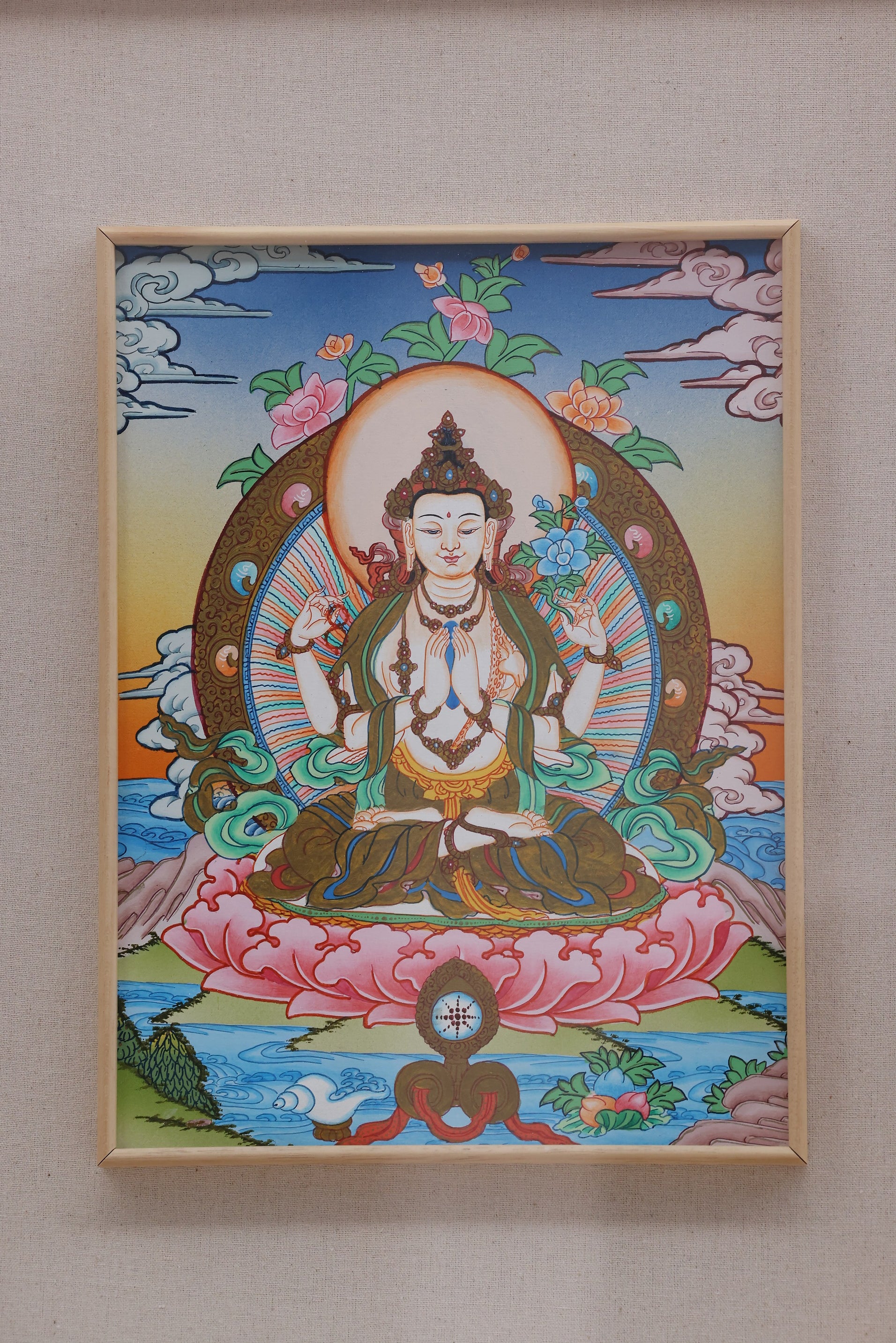 Traditional Himalayan Buddhist color thangka of Chenrezig, four-armed bodhisattva of universal compassion