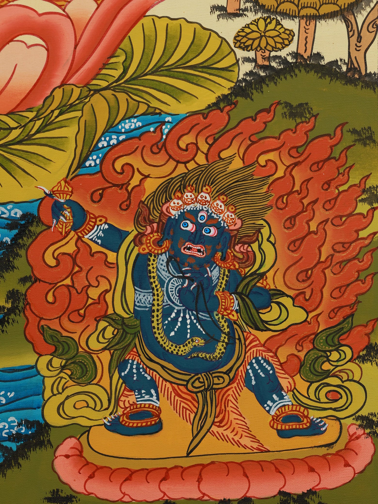 Silk-based Four-Armed Avalokiteshvara Thangka, featuring golden accents and Tibetan ritual iconography.