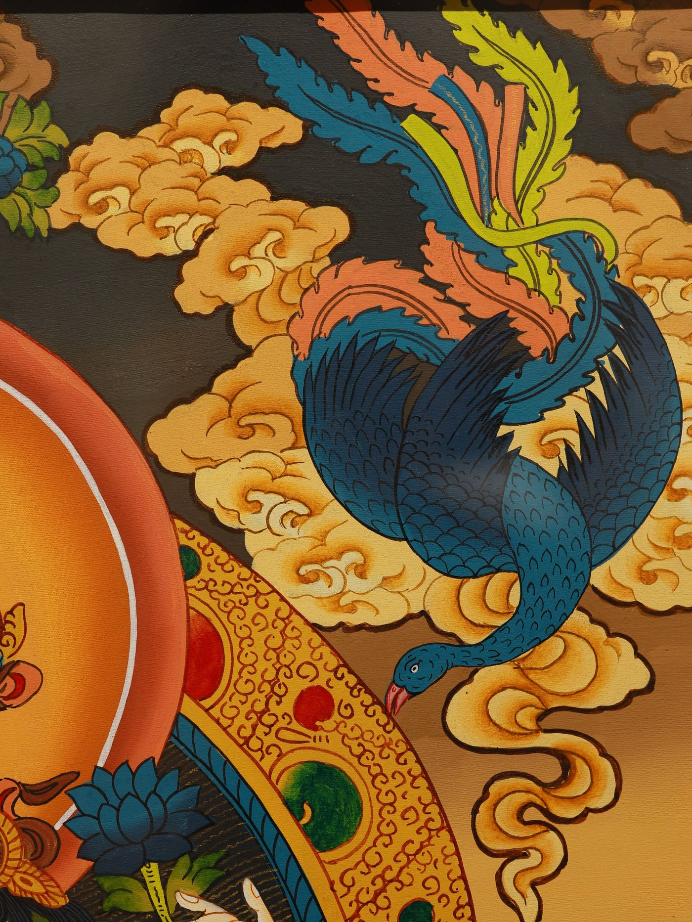 Color Tibetan thangka illustration of Chenrezig with four arms and serene expression