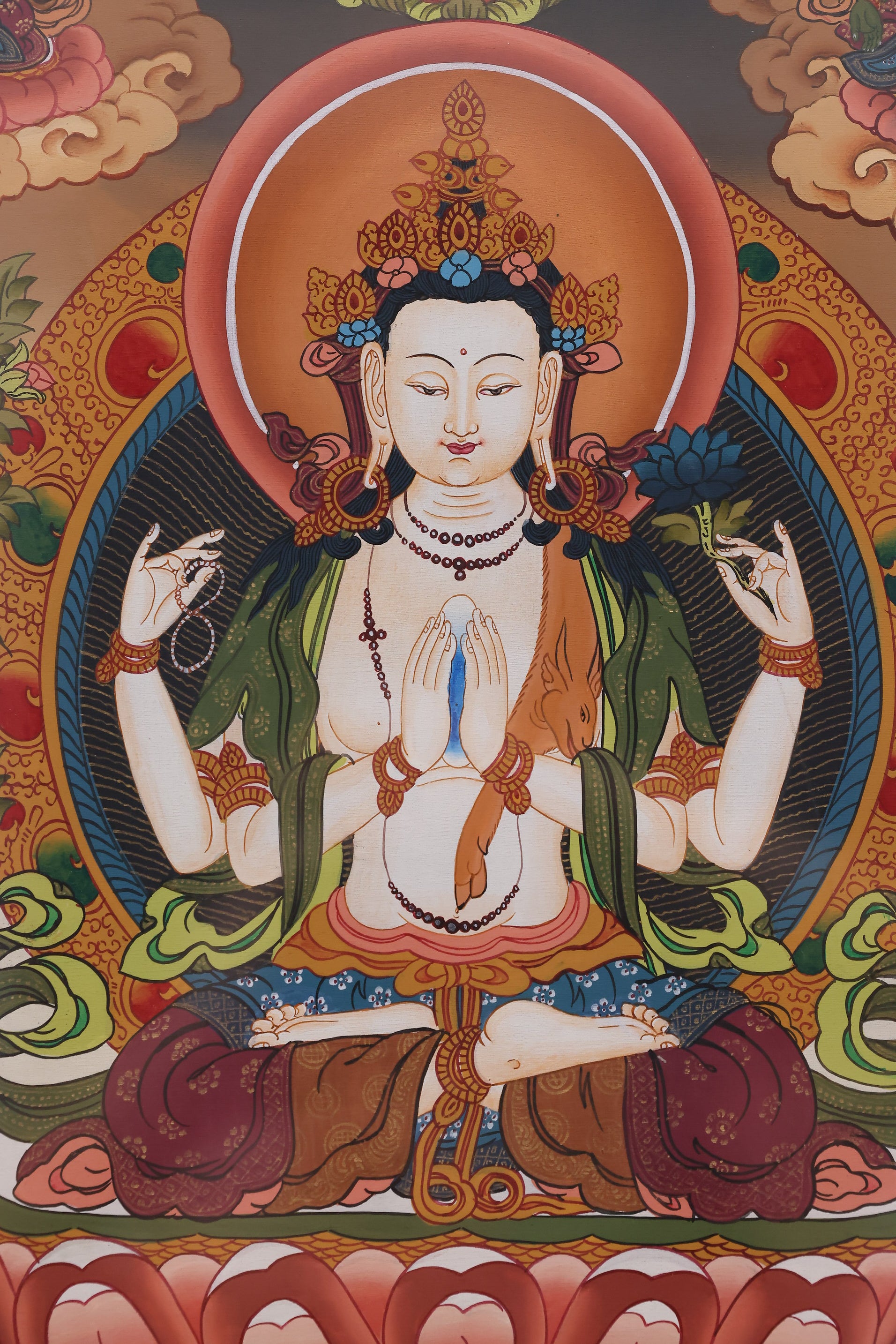 White Avalokiteshvara Compassion & Protection Thangka – Tibetan art for spiritual guard and mercy.