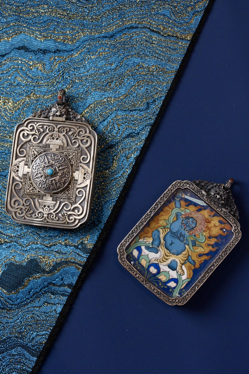 Tibetan thangka jewelry featuring Acala, inspired by traditional Tibetan Buddhist sacred art and protector symbolism.
