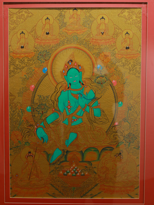 Hand-painted gold Green Tara thangka showing the Bodhisattva of compassion and swift protection in Tibetan Buddhist art