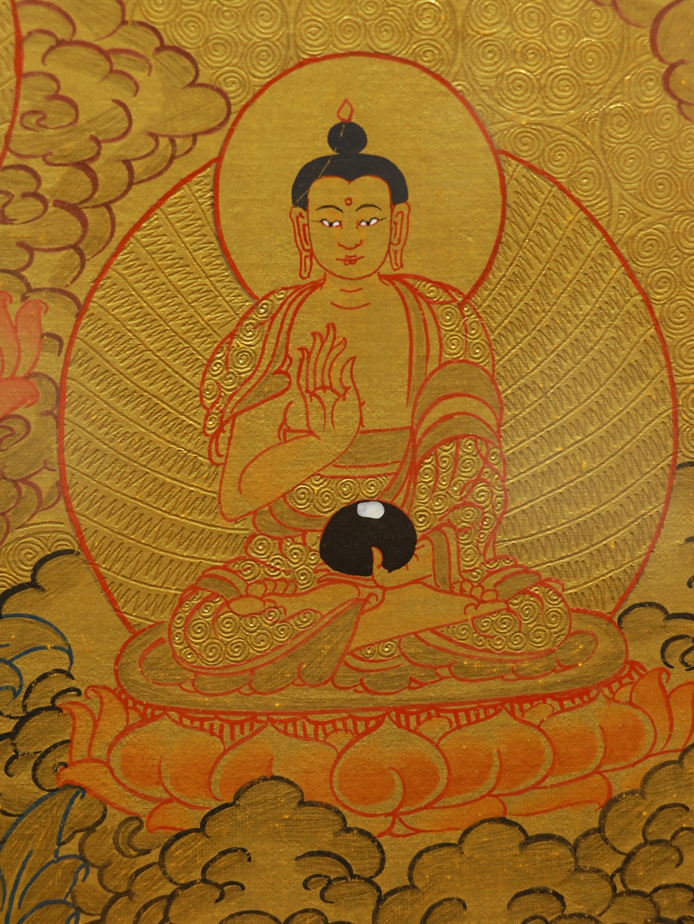 Detailed hand-painted Green Tara gold thangka with fine gold lines and traditional Tibetan iconography