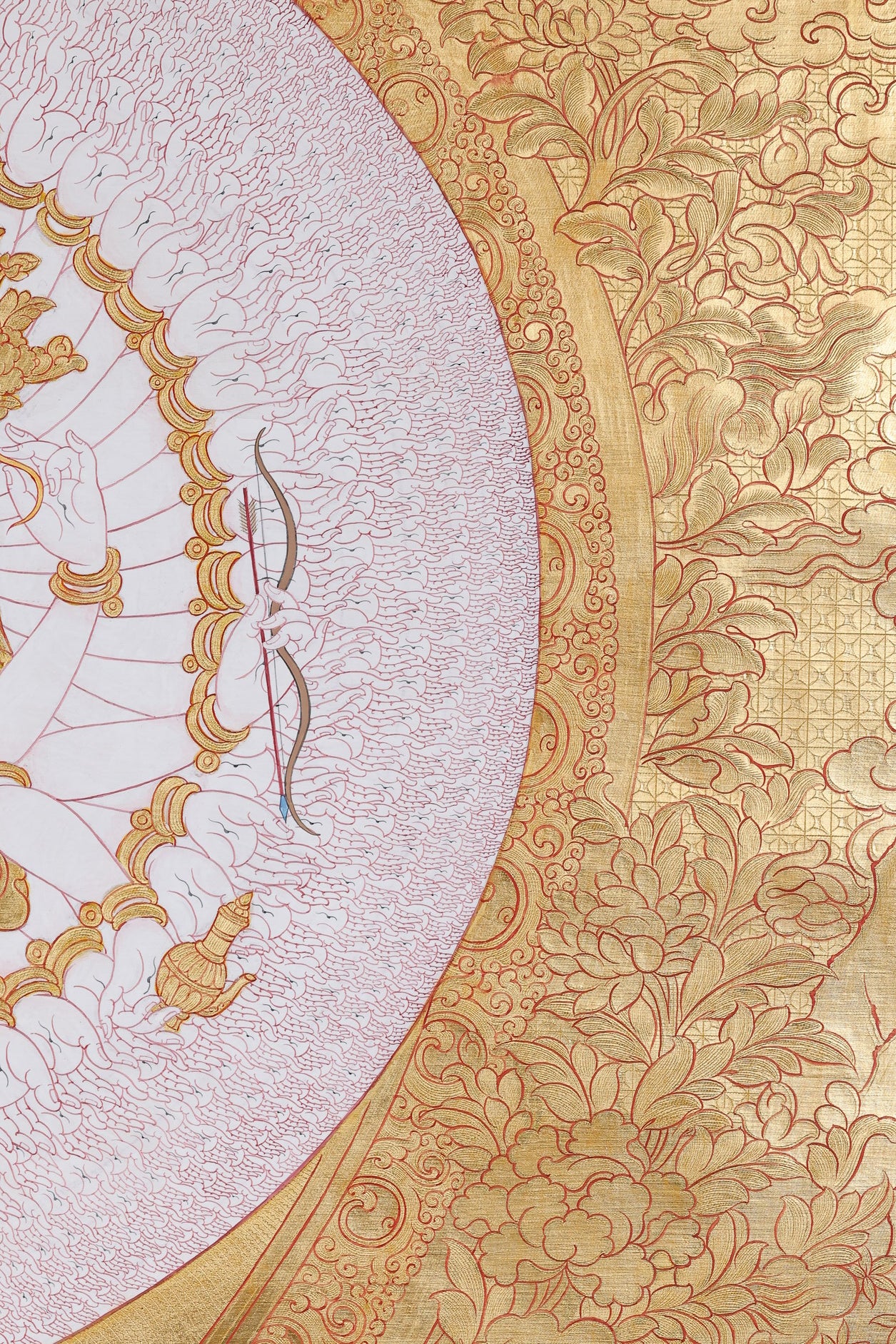Golden Avalokiteshvara thousand armed Tibetan thangka, handcrafted sacred art for family protection and peace
Alt Text: Thousand armed