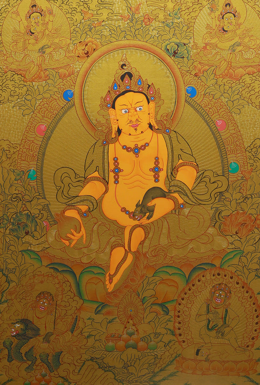Golden Yellow Jambhala Thangka 01 – Hand-painted Tibetan Buddhist thangka of Golden Yellow Jambhala, symbolizing wealth and prosperity, crafted with traditional mineral pigments.
