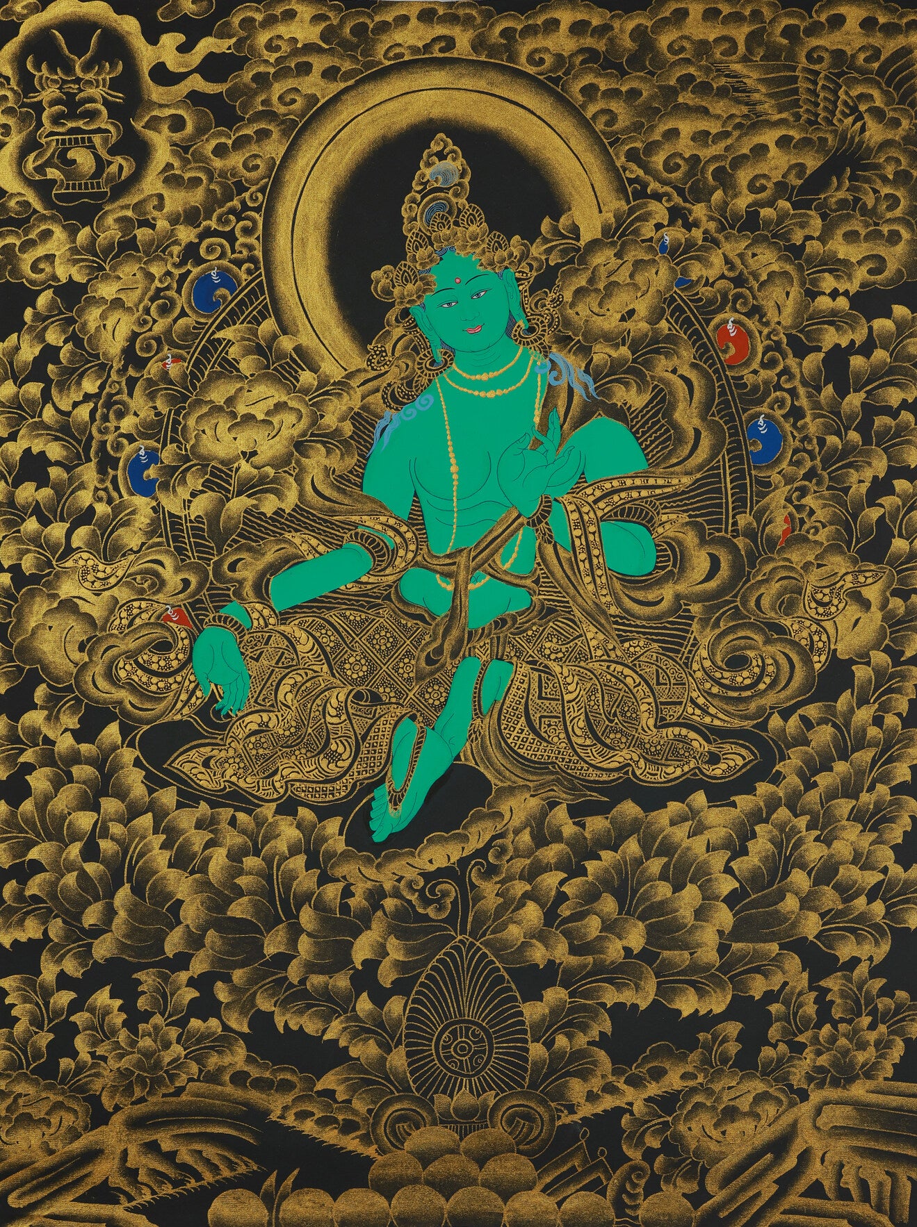 Green Tara Bodhisattva illustrated in refined black gold Tibetan sacred art