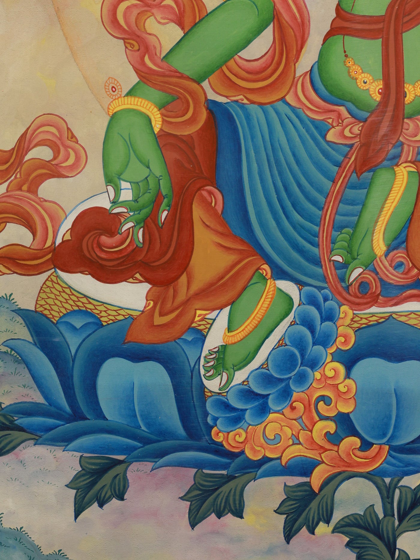 Fearless Green Tara thangka representing compassion and protection in Tibetan Buddhism