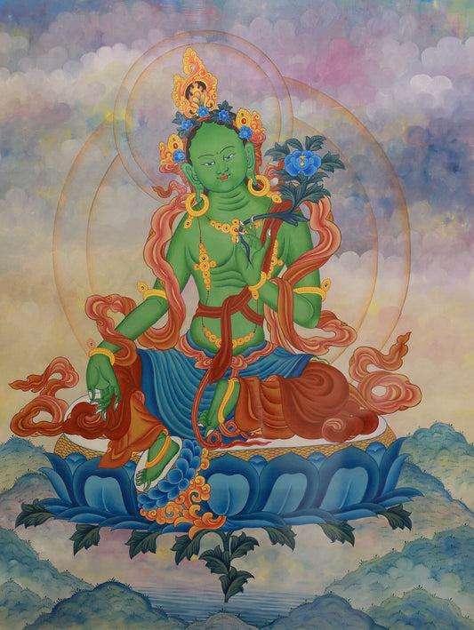 Colorful Green Tara thangka showing the Tibetan Buddhist goddess of compassion and protective blessings