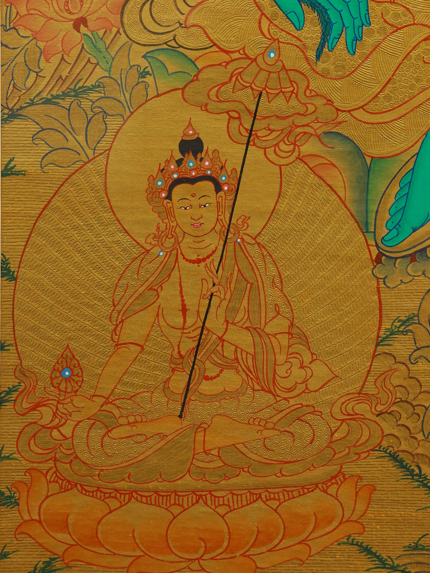 Meditative Green Tara gold thangka painting used for mindfulness and Tibetan Buddhist meditation