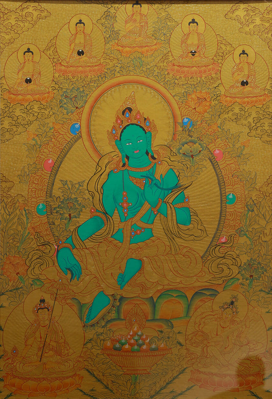 Tibetan Buddhist spiritual art showing Green Tara in gold thangka style with refined sacred details