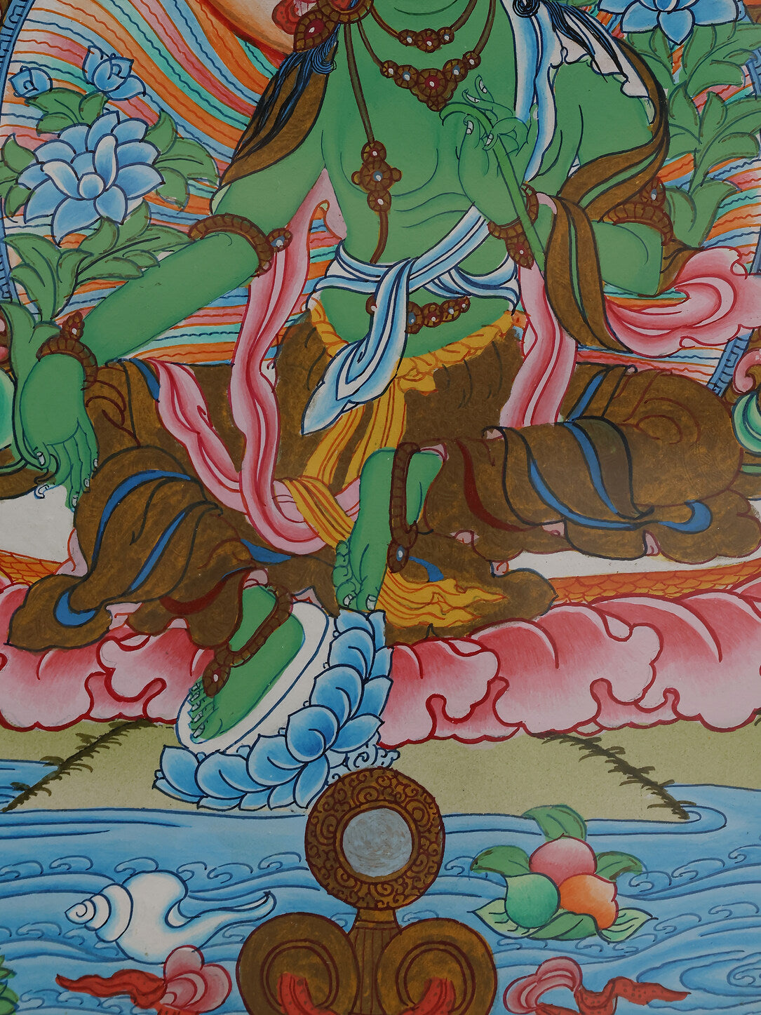 Alt text: Green Tara Bodhisattva Thangka, a sacred hand-painted Tibetan Buddhist painting.