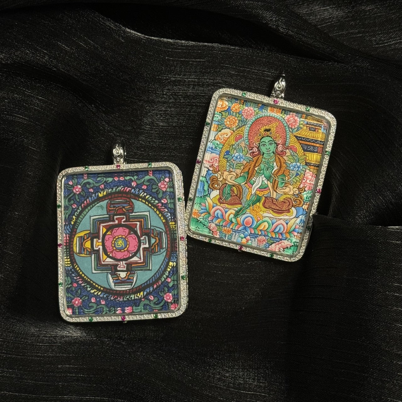 Close-up detail of the Green Tara with Mandala Thangka painting showing intricate natural mineral pigment work, showcasing the masterful artistry of Tibetan lineage painters.
