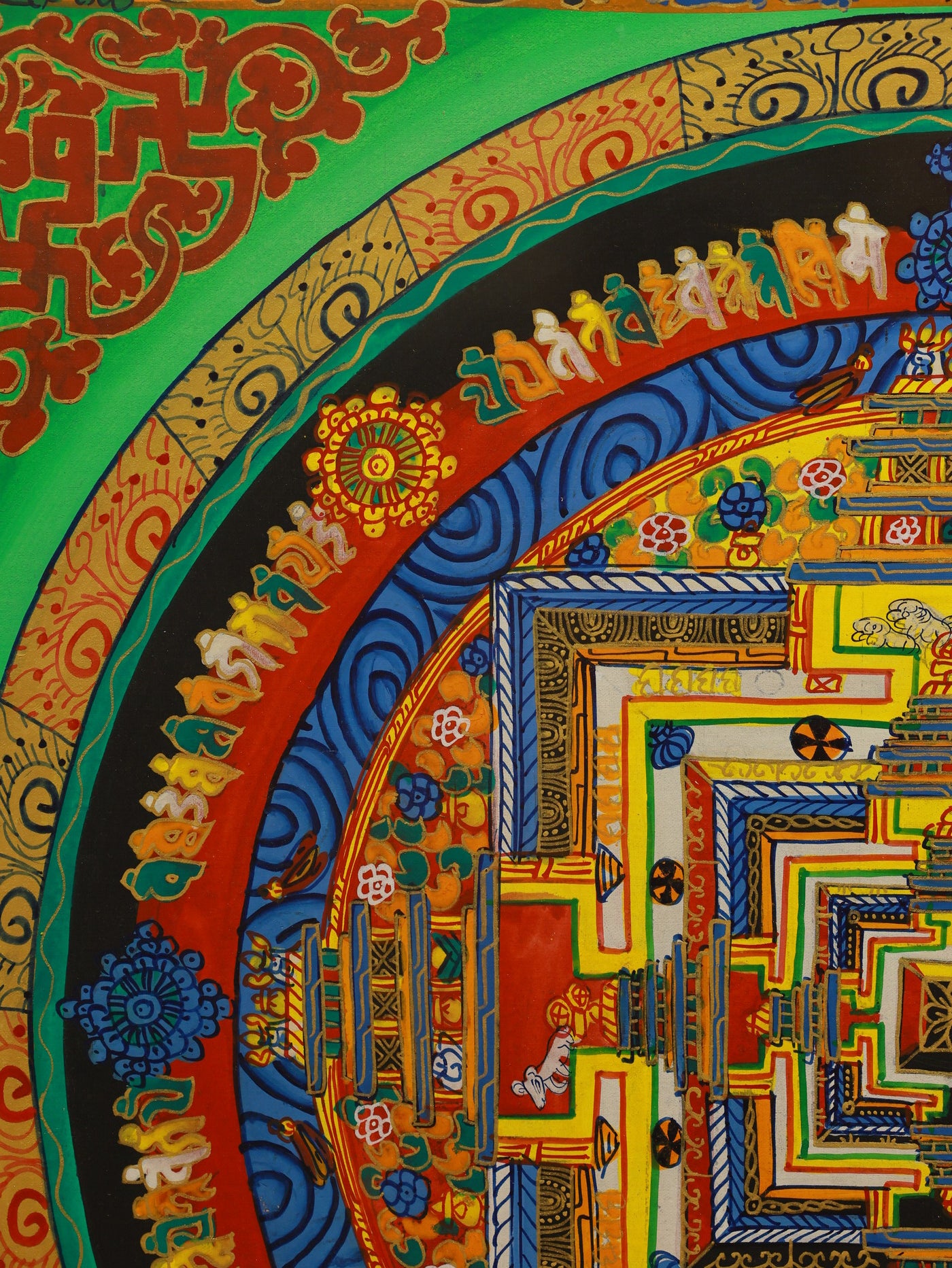 Tibetan Buddhist mandala thangka with intricate patterns and vibrant colors, representing the pure land of enlightened beings and the harmonious order of the universe.