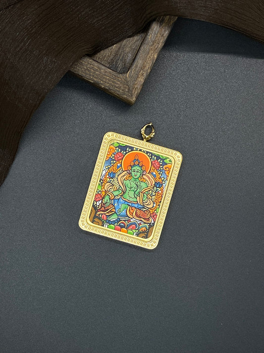 Hand-painted Nepal Green Tara (绿度母) Thangka pendant 3.5x4.5cm with titanium casing featuring the goddess of compassion, representing the removal of obstacles and auspiciousness in Buddhist tradition.
