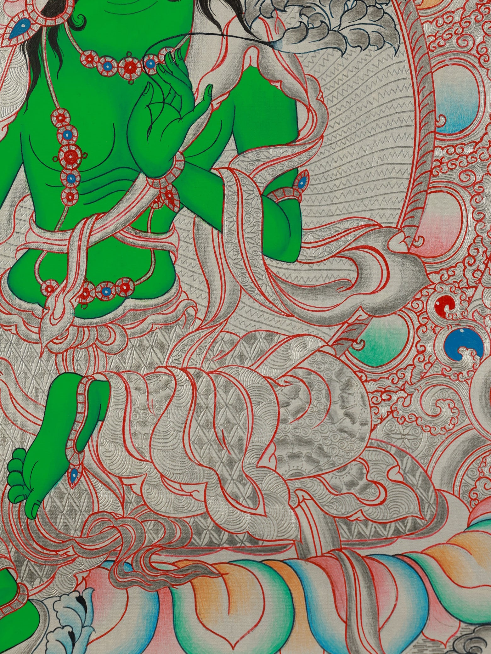 Tantric-inspired Green Tara Thangka showcasing traditional Buddhist symbolism.