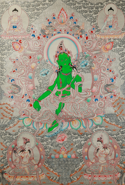 Green Tara Tibetan Buddhist Thangka depicting protective blessings and spiritual guidance.