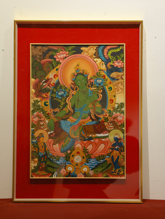 Nepalese Hand-Painted Green Tara Thangka: A Millennium of Fusion Between Tibetan Buddhism and Newari Art