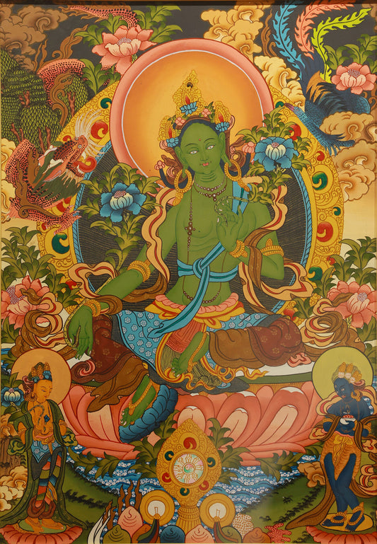 Nepalese Hand-Painted Green Tara Thangka: A Millennium of Fusion Between Tibetan Buddhism and Newari Art