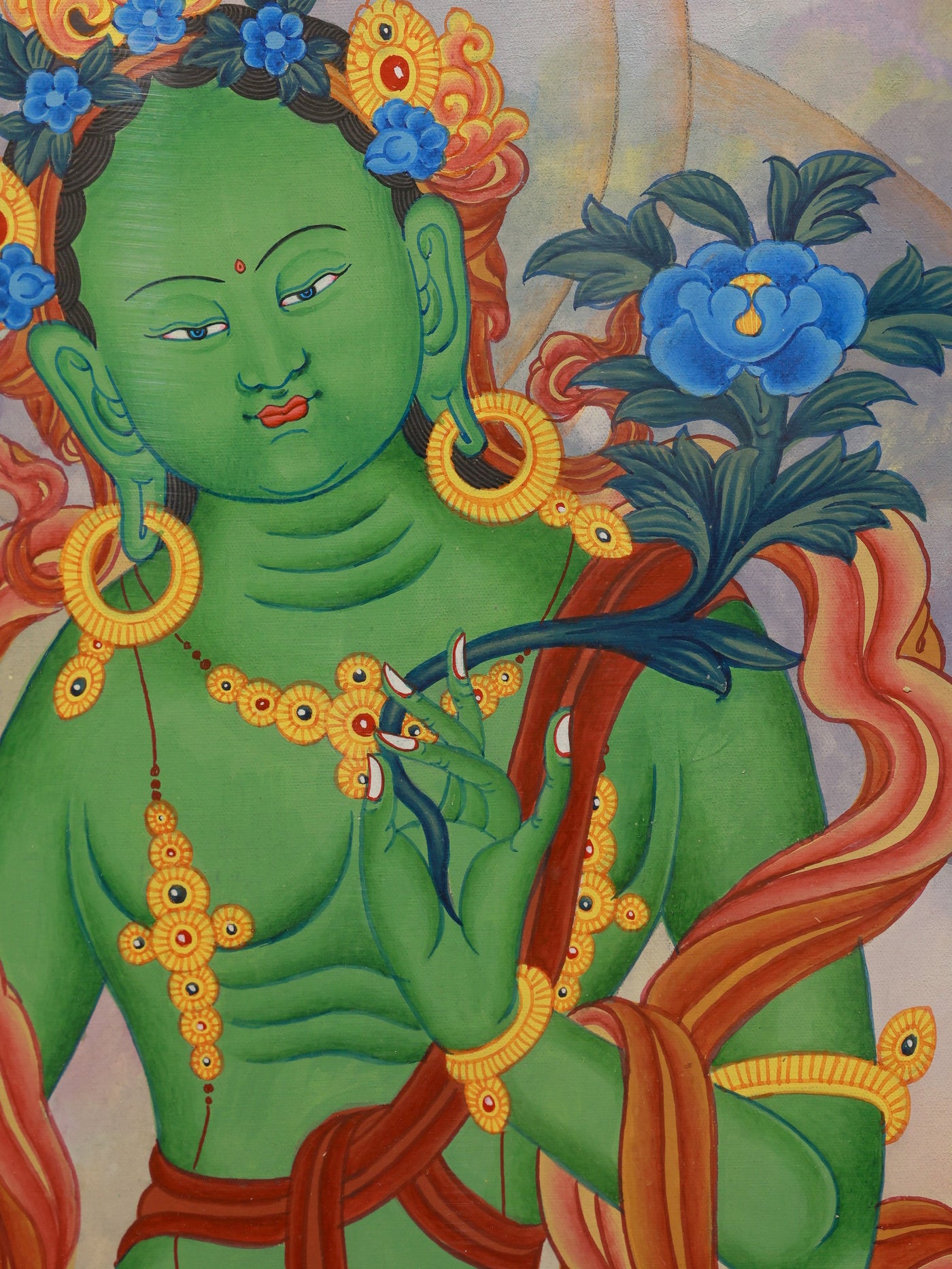 Arya Green Tara depicted in a traditional color thangka used for meditation and devotional practice