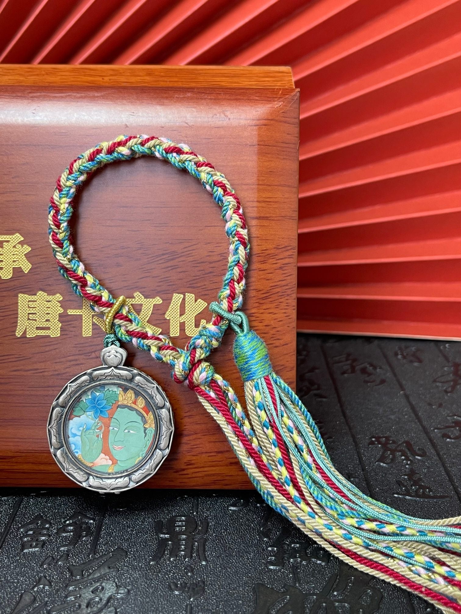  Hand-painted Tibet Card Green Tara (绿度母) Thangka pendant 2.5cm with hand-woven cord, Tibet Card series.
