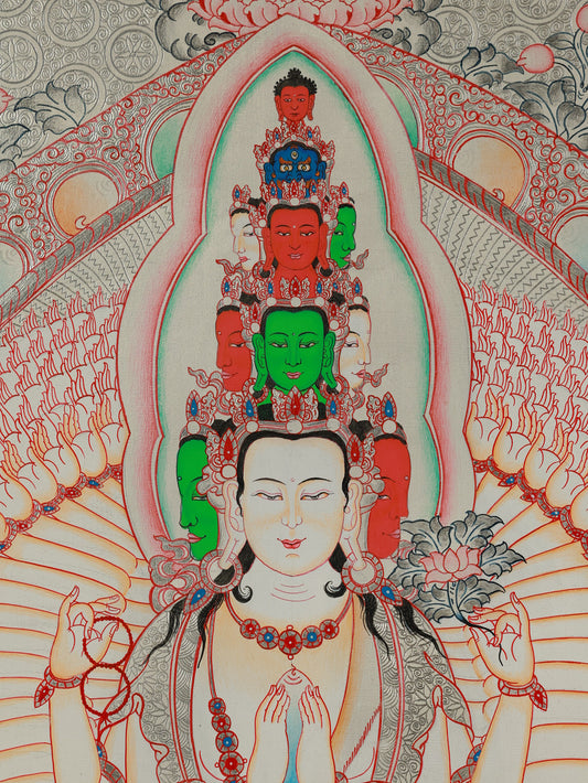 Hand-painted Green Tara silver Thangka created in the traditional Regong Tibetan art style.