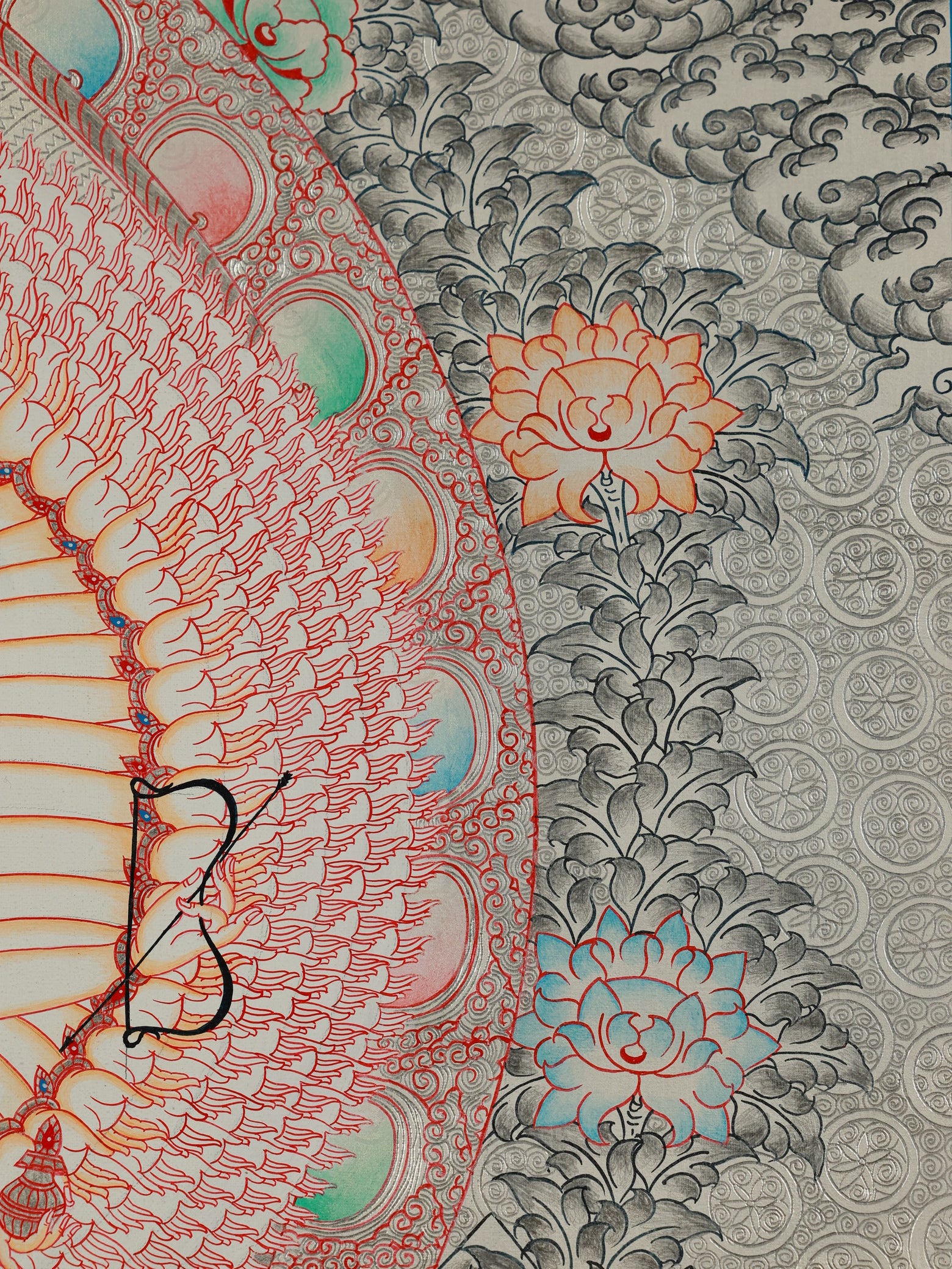 Tibetan Buddhist Bodhisattva Green Tara Thangka in a classical traditional composition.