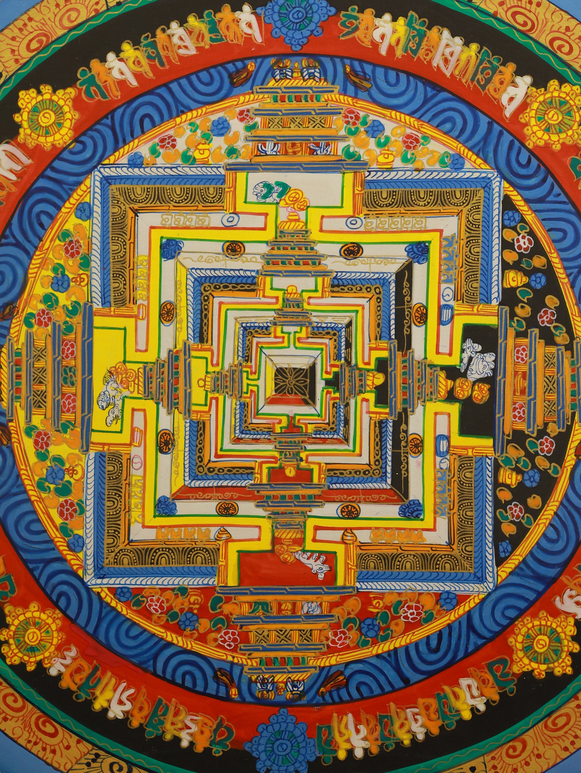 Esoteric Guhyasamaja Mandala thangka showing the sacred palace of tantric deities in traditional Tibetan Buddhist art.