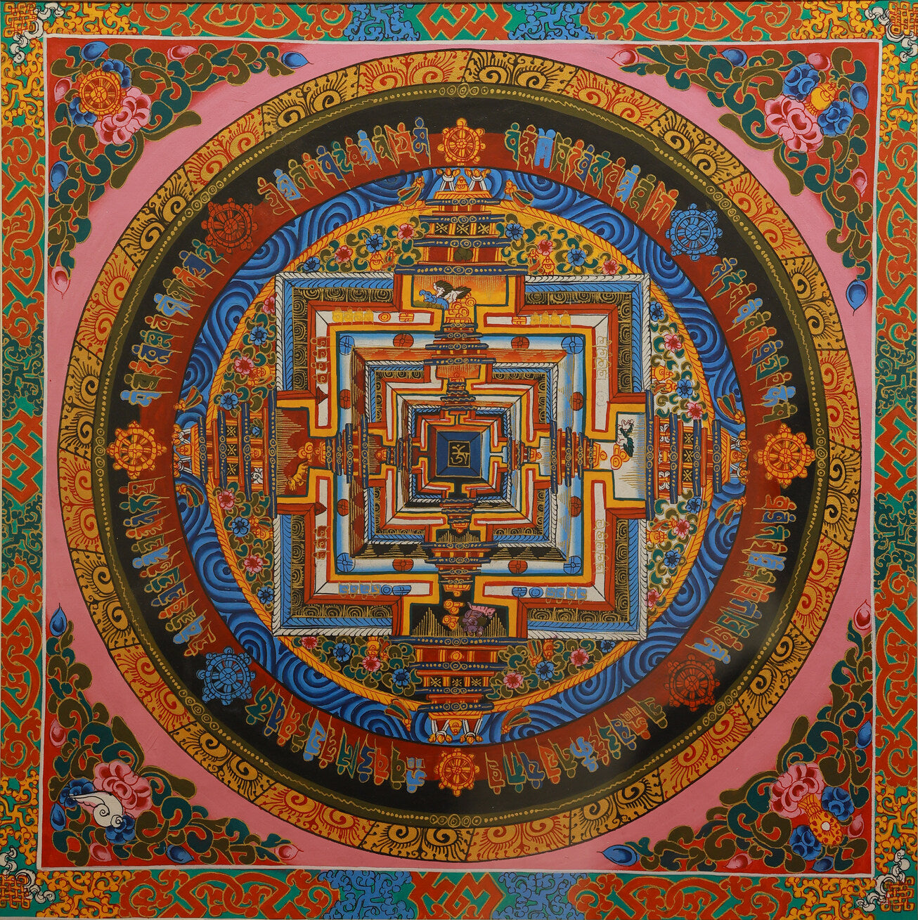 Hand-painted Guhyasamaja Mandala Thangka depicting the complete Vajrayana cosmology in Tibetan Buddhist art.