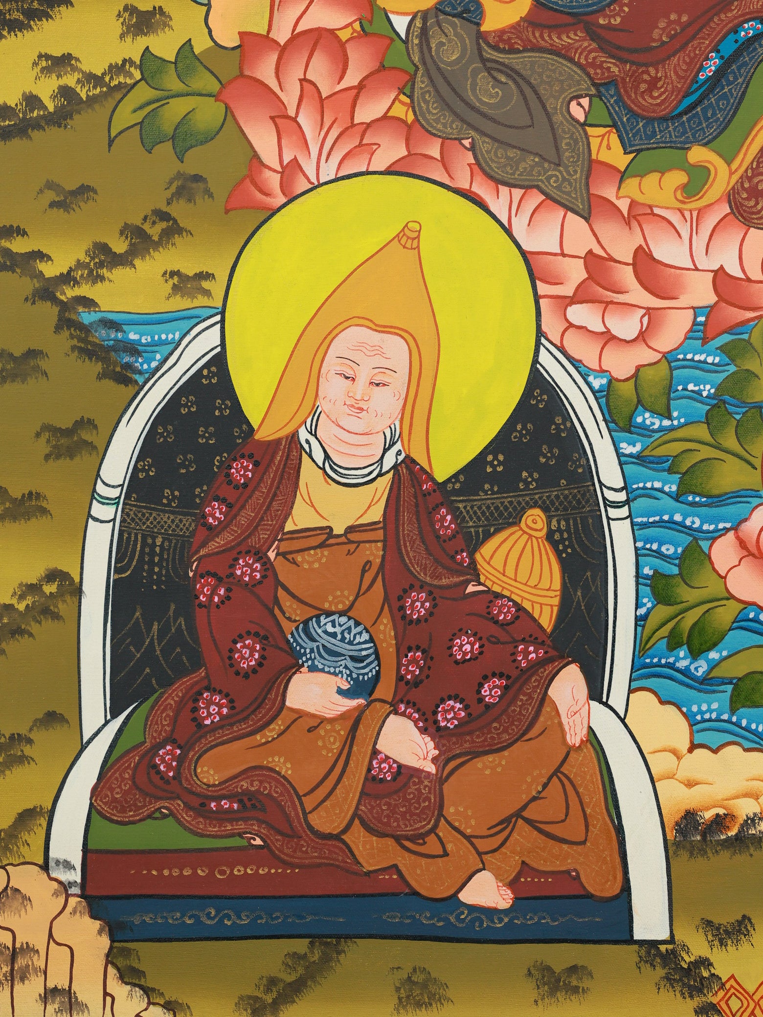 Vajrayana Buddhist thangka painting of Guru Rinpoche with sacred attributes, representing tantric wisdom and compassion.