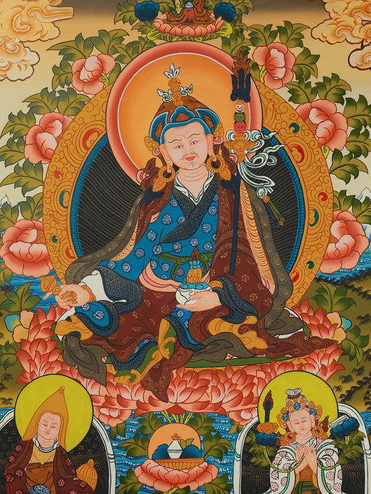 Hand-painted Tibetan Buddhist thangka depicting Padmasambhava, also known as Guru Rinpoche, the founder of Vajrayana Buddhism.