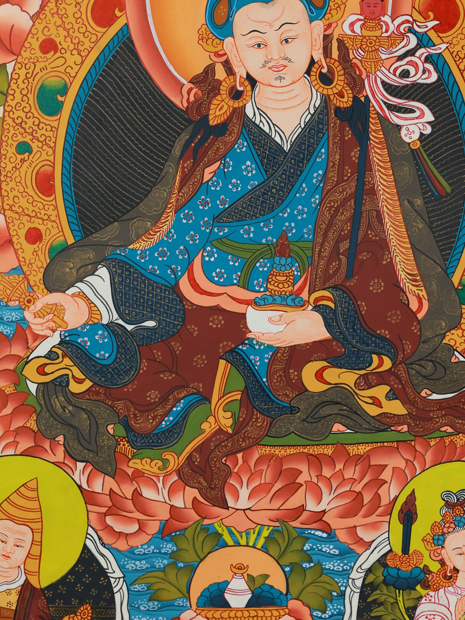 Tibetan Buddhist Thangka of Guru Rinpoche symbolizing tantric wisdom and spiritual protection