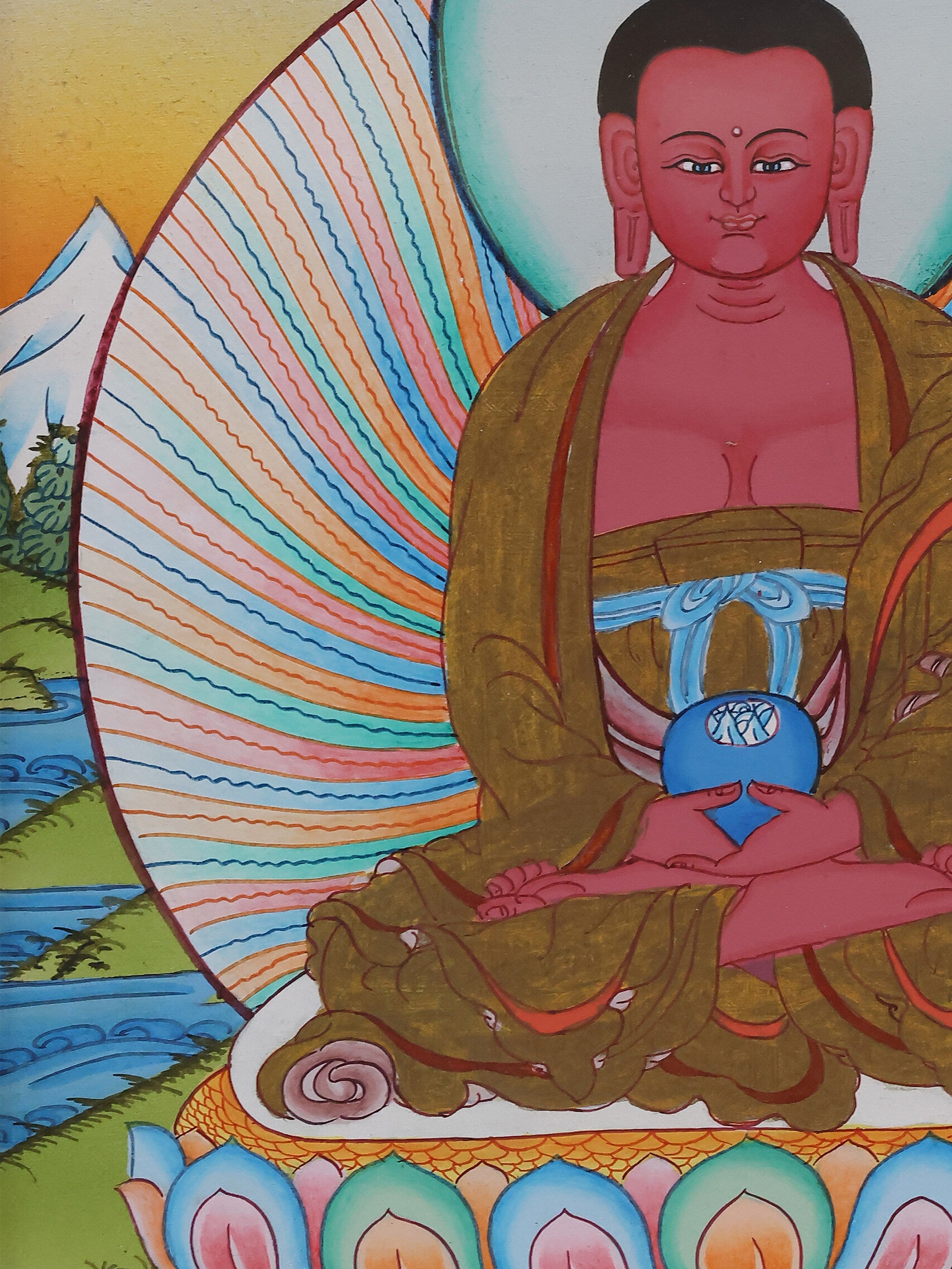 Colorful Amitabha Thangka, a sacred Buddhist artwork symbolizing compassion and enlightenment.