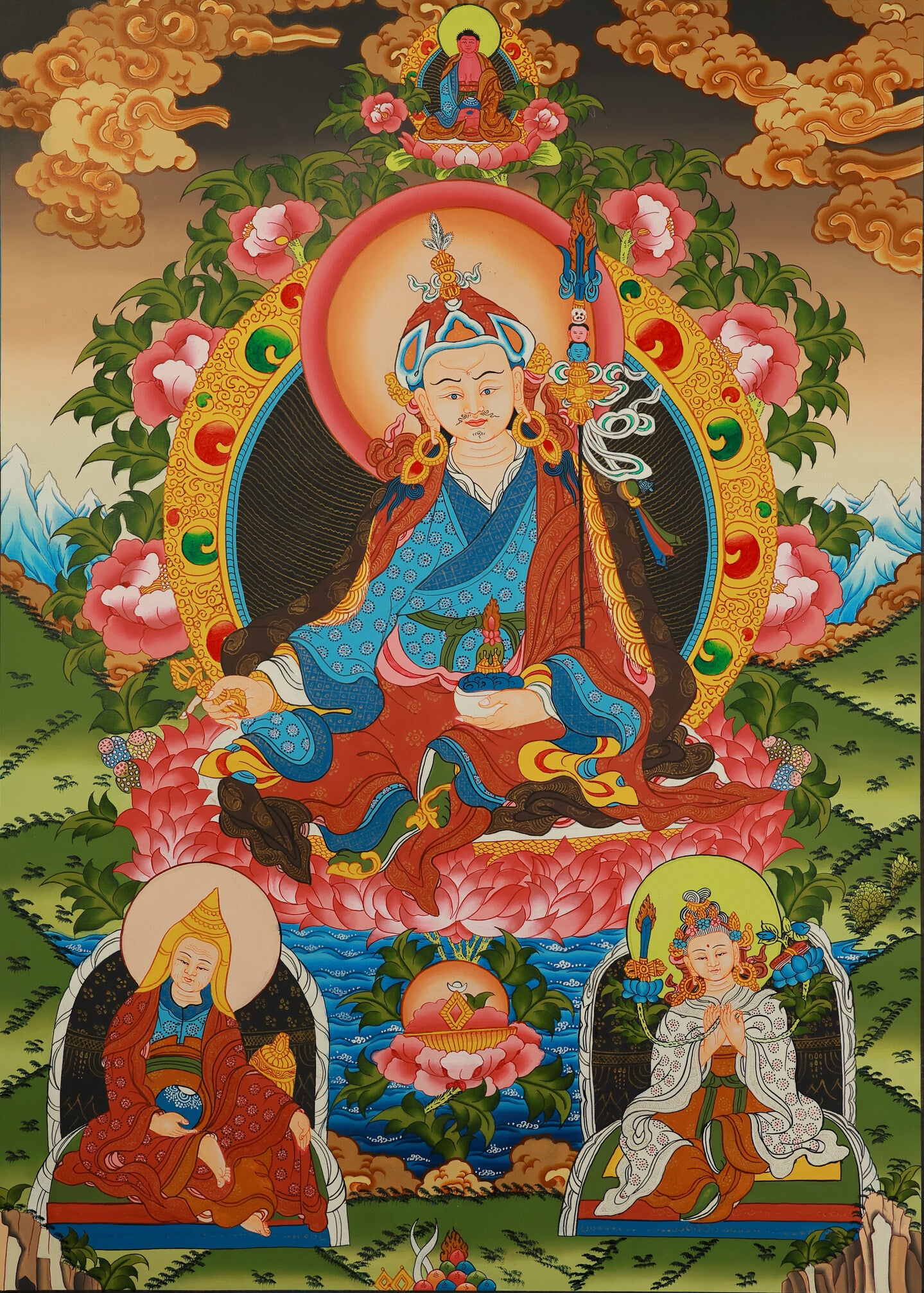 Hand-painted Tibetan Buddhist thangka depicting Padmasambhava, also known as Guru Rinpoche, the lotus-born master of Vajrayana Buddhism.
