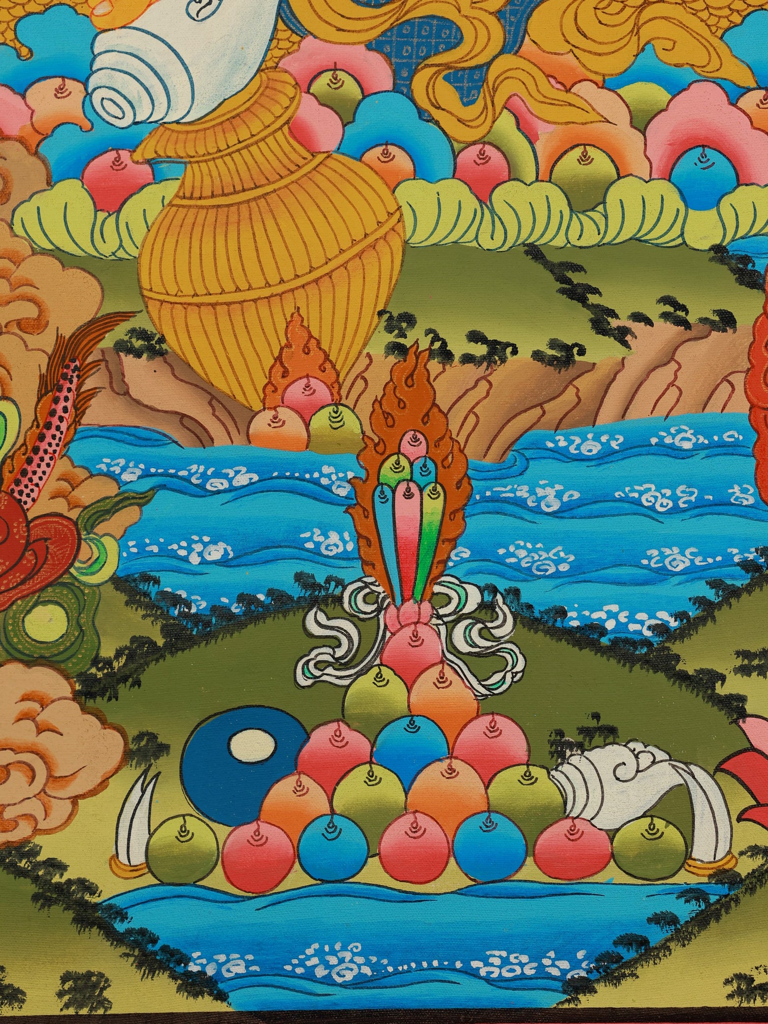 Sacred Panchakubera thangka showing Yellow Jambhala and the Five Wealth Deities in Tibetan Buddhist iconography.