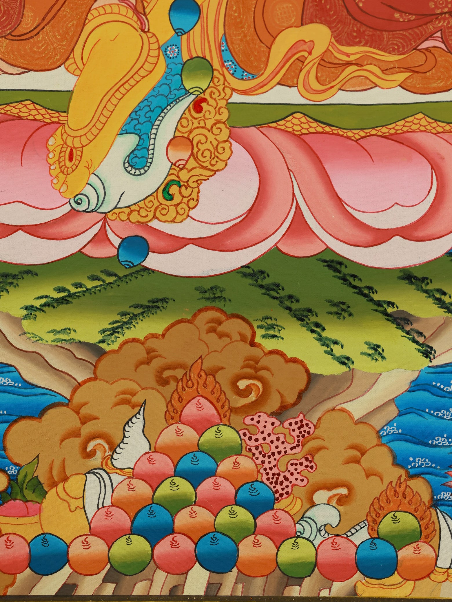 Five Wealth Gods Thangka with Yellow Jambhala at the center, representing abundance, protection, and fortune