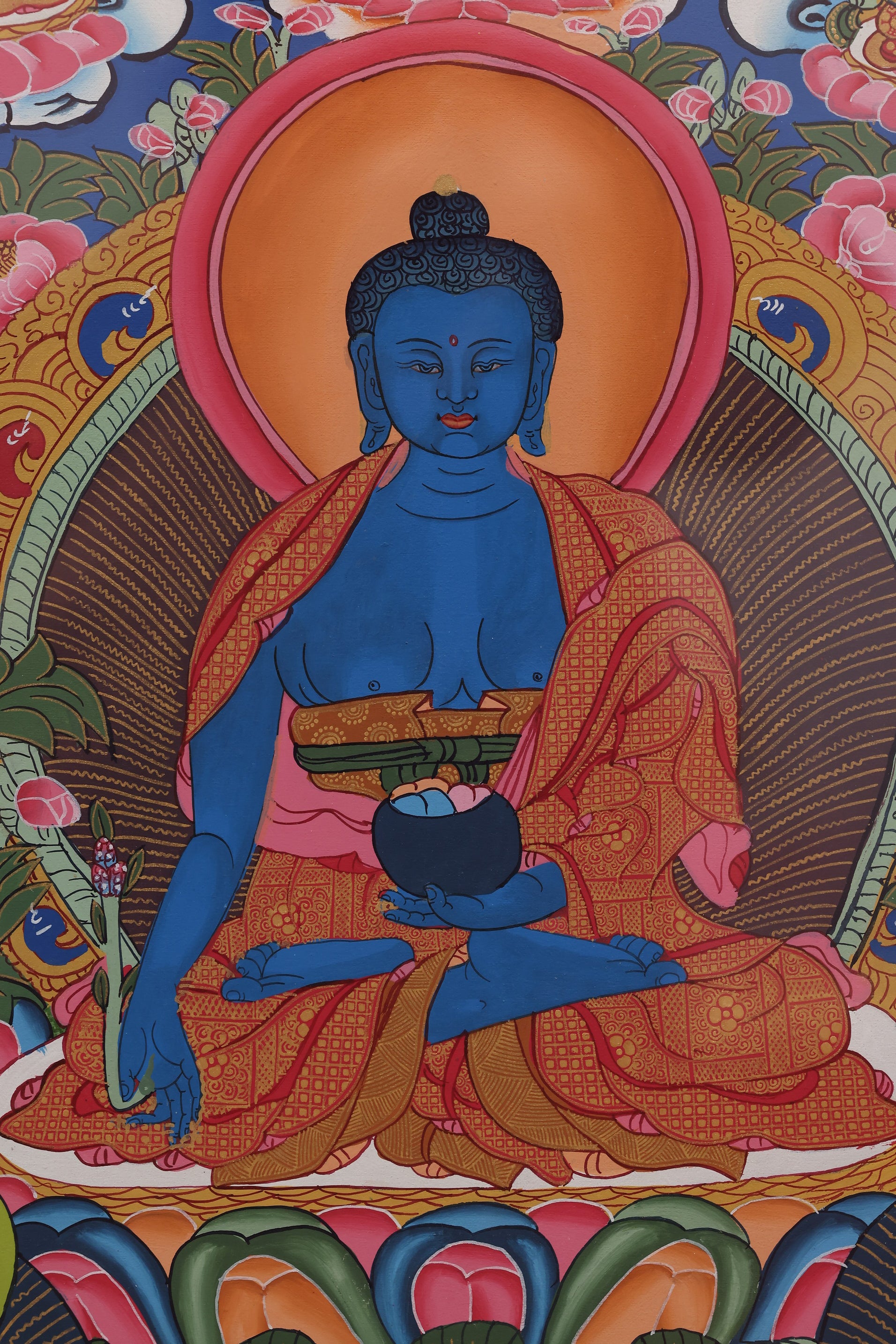 Handpainted Medicine Buddha Thangka (nectar bowl) – sacred Tibetan art representing healing and wellness blessings.