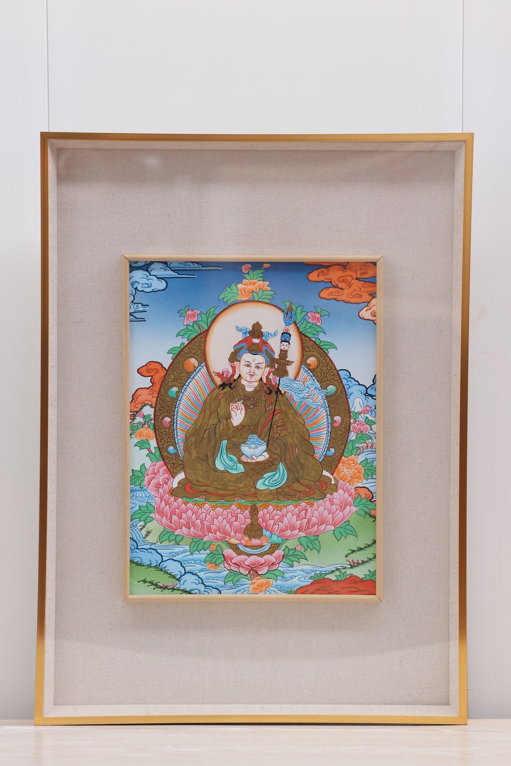 Tantric Padmasambhava thangka in Tibetan Buddhism, colorful sacred painting for protection and blessings