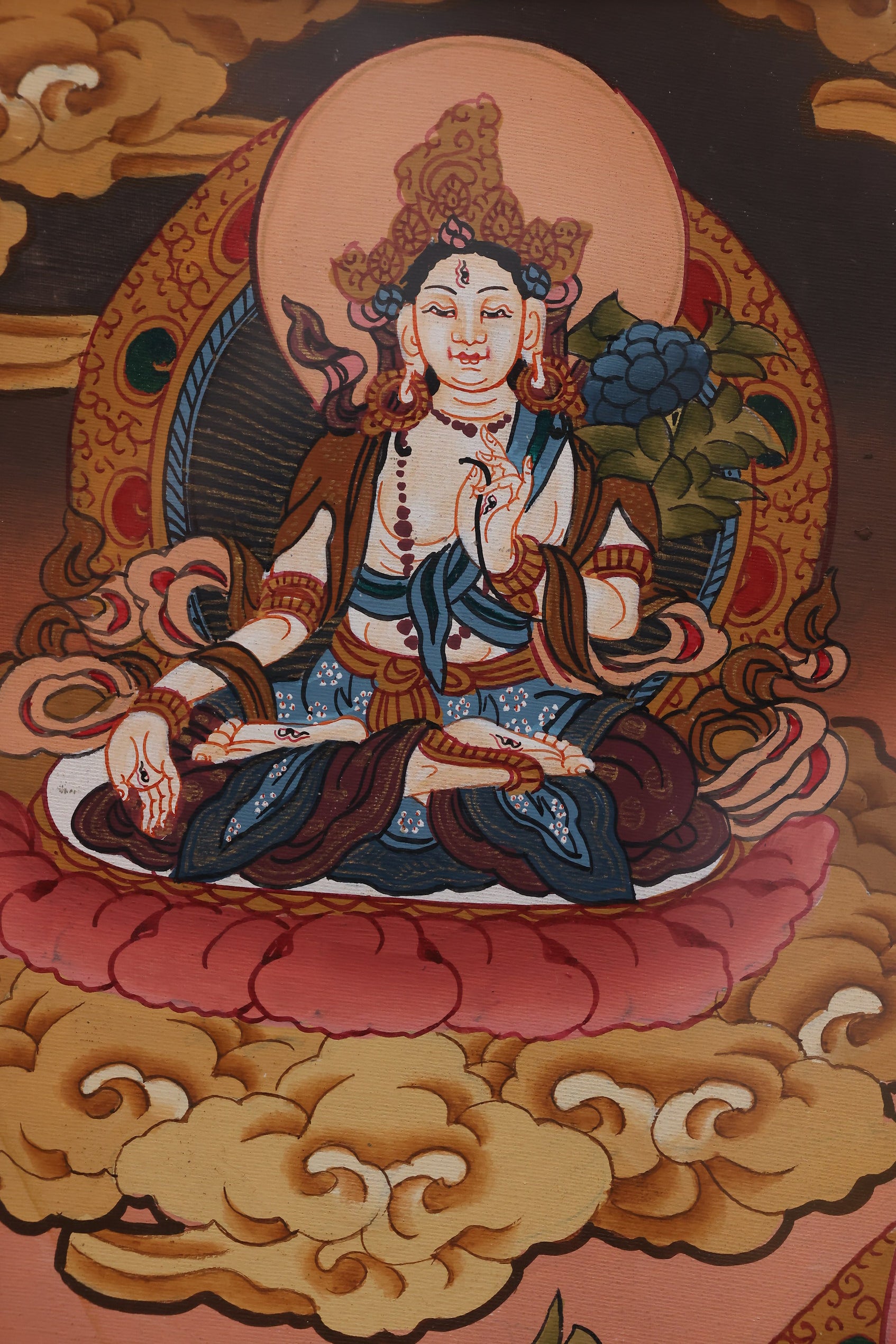 Yellow Jambhala Ratna Mudra Prosperity Thangka – Tibetan art symbolizing wish-fulfilling wealth.