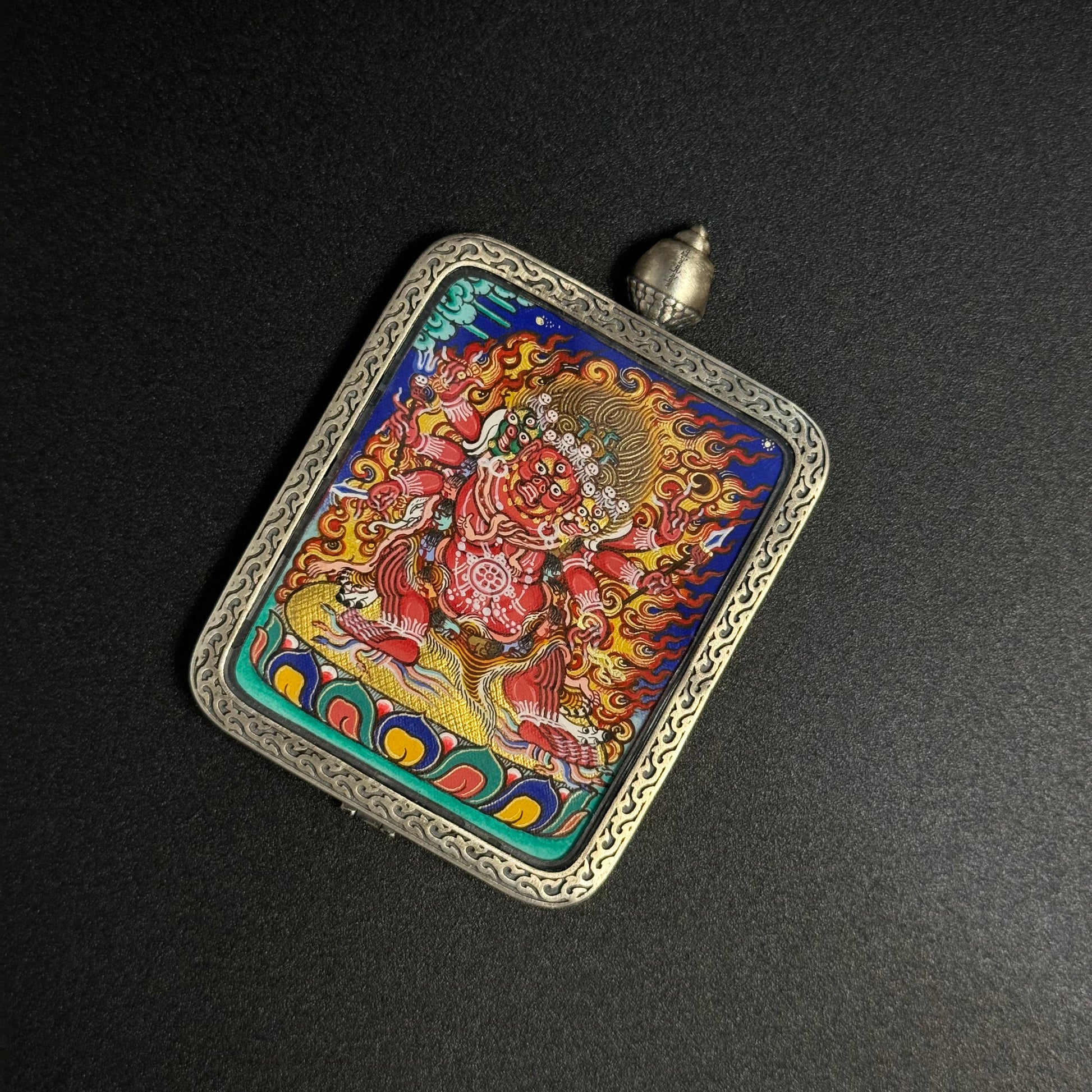 A 3.5x4.5cm hand-painted Rekong Cuiying series Hayagriva (Horse-Headed One) Thangka pendant featuring compassion in wrathful form and obstacle removal in Buddhist tradition.

