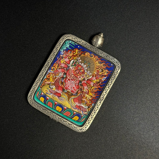 A 3.5x4.5cm hand-painted Rekong Cuiying series Hayagriva (Horse-Headed One) Thangka pendant featuring compassion in wrathful form and obstacle removal in Buddhist tradition.
