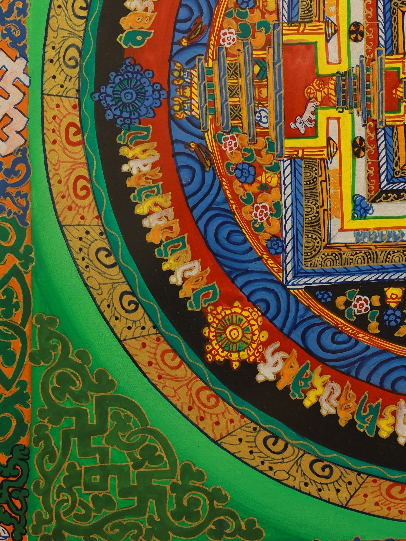 Sacred Tibetan mandala thangka designed as a spiritual visualization tool, helping practitioners cultivate mindfulness, inner balance, and spiritual awakening through meditation.