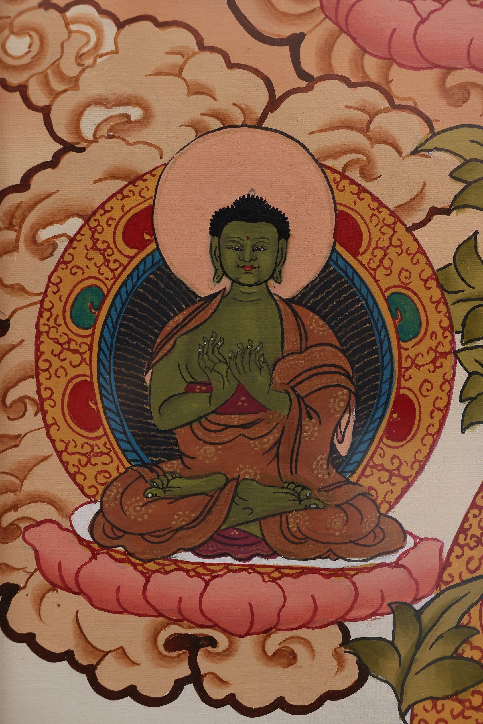 Tantric Bhaisajyaguru mandala thangka following traditional Tibetan Buddhist iconographic principles.
