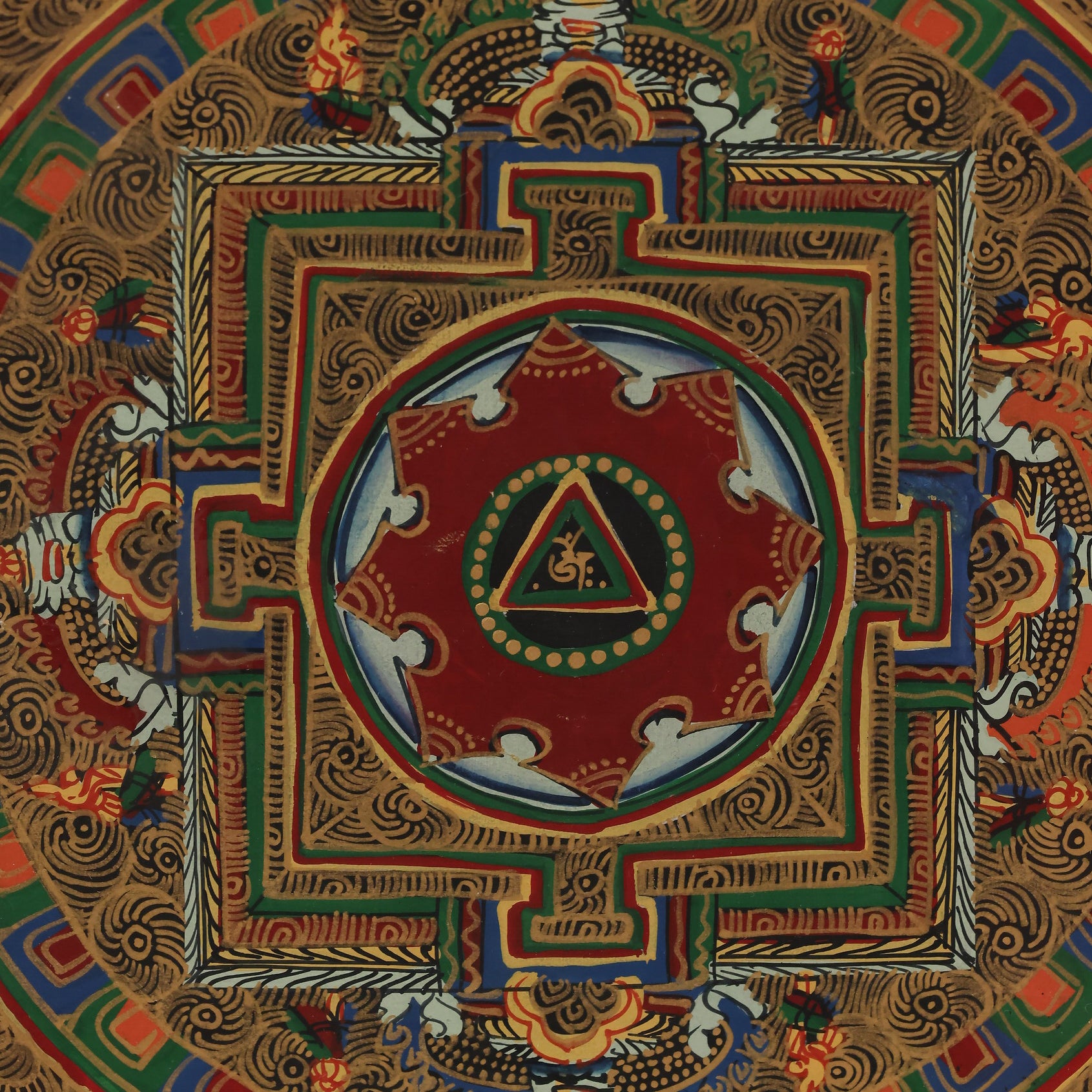 Esoteric Buddhist seed syllable mandala symbolism thangka, revealing the visual philosophy of relationships between sound, symbols, and enlightenment.