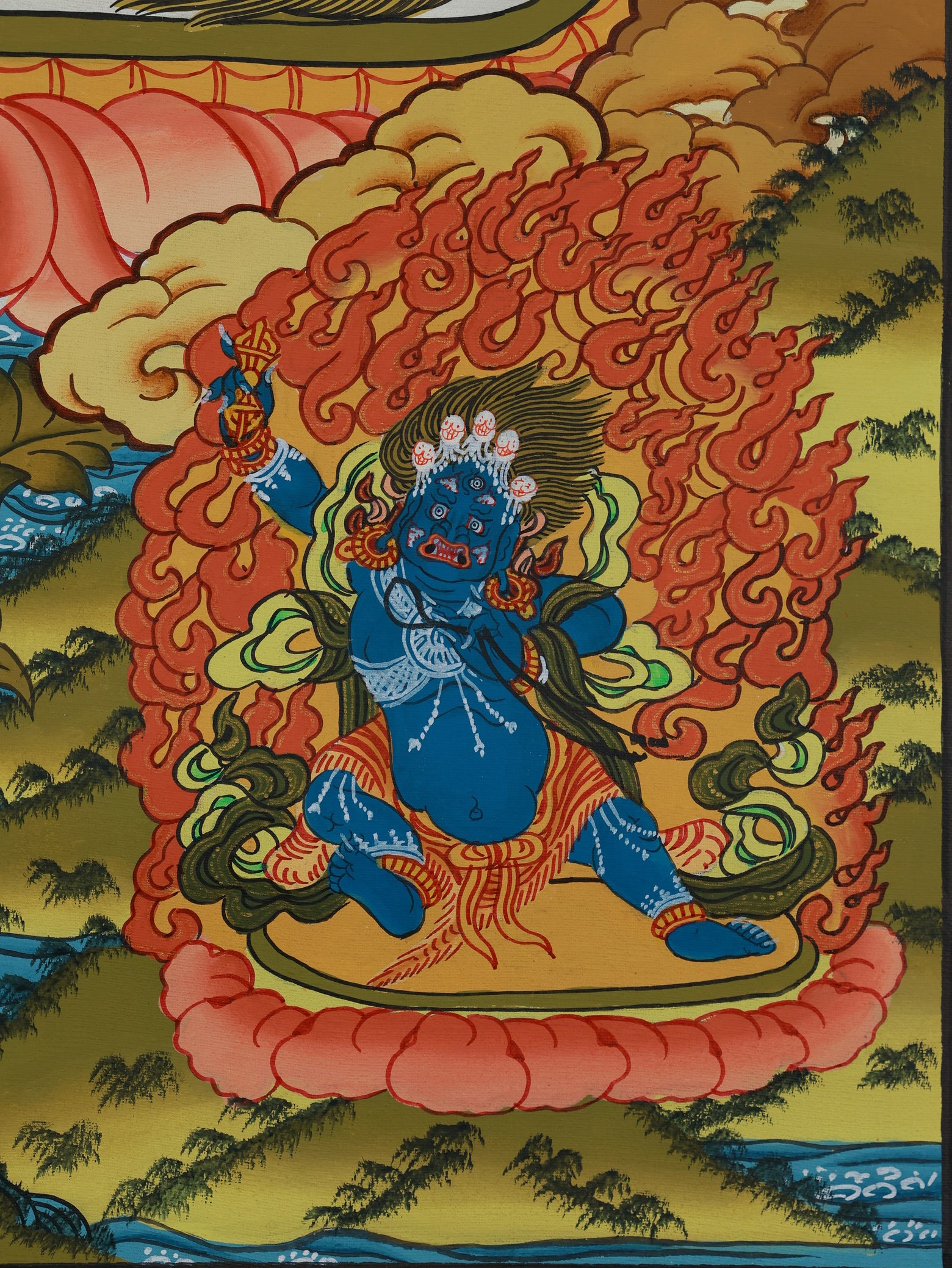 Tibetan Buddhist thangka art featuring Vaishravana, lord of treasures and prosperity