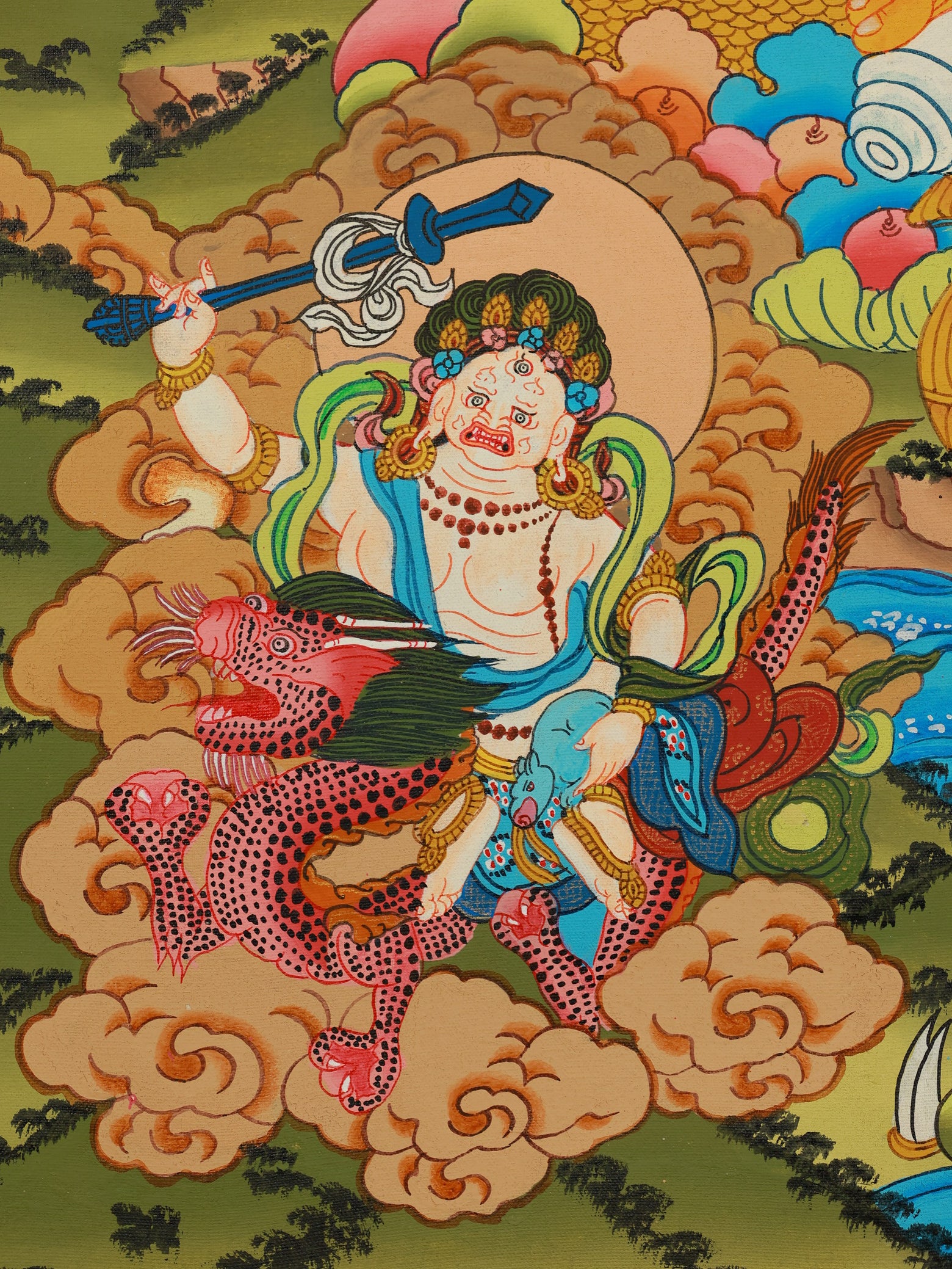 Tibetan Buddhist wealth deity thangka portraying Kubera and the Five Ways of Wealth, symbolizing fortune and protection.